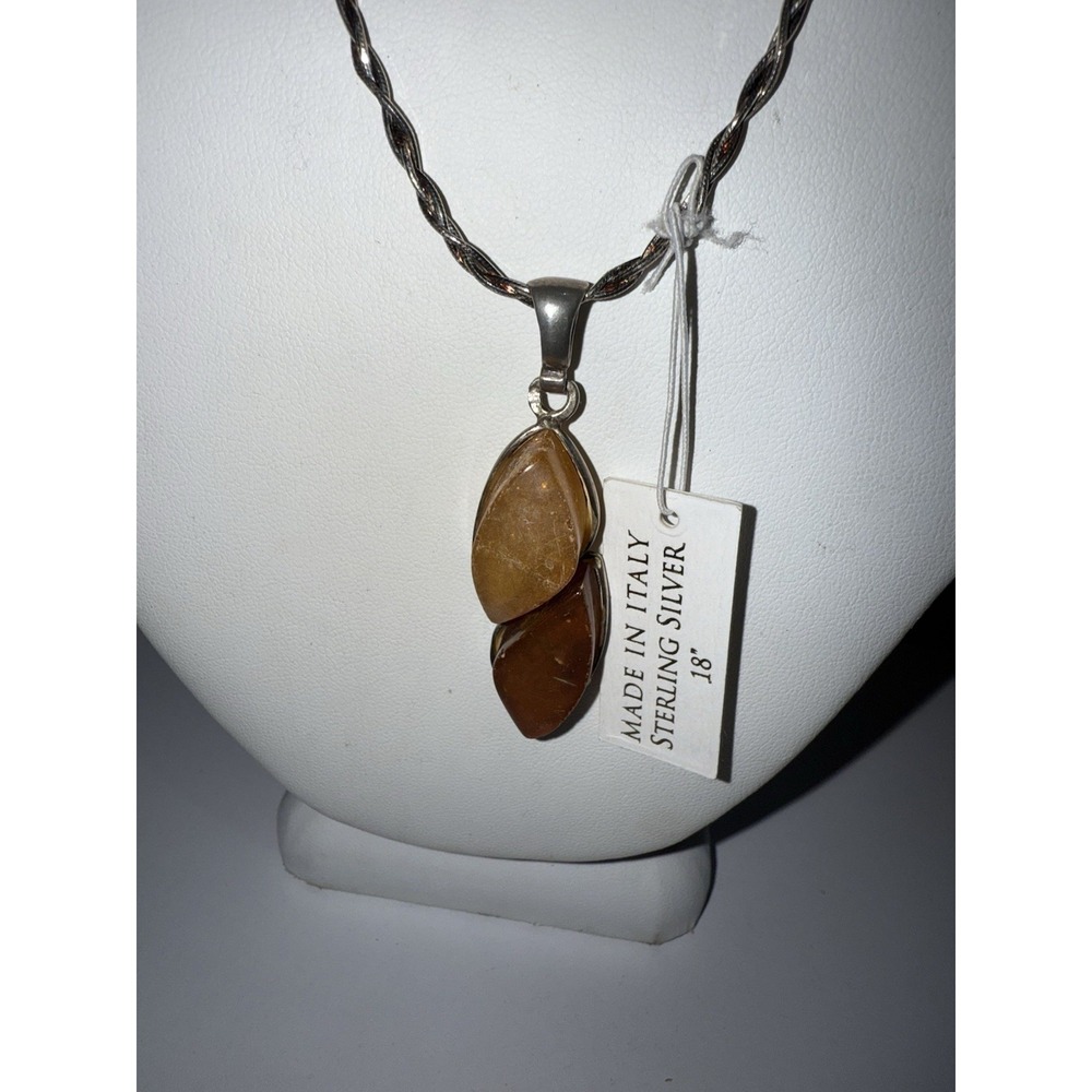 Vintage Sterling Silver Amber Necklace Pendant 925 18"